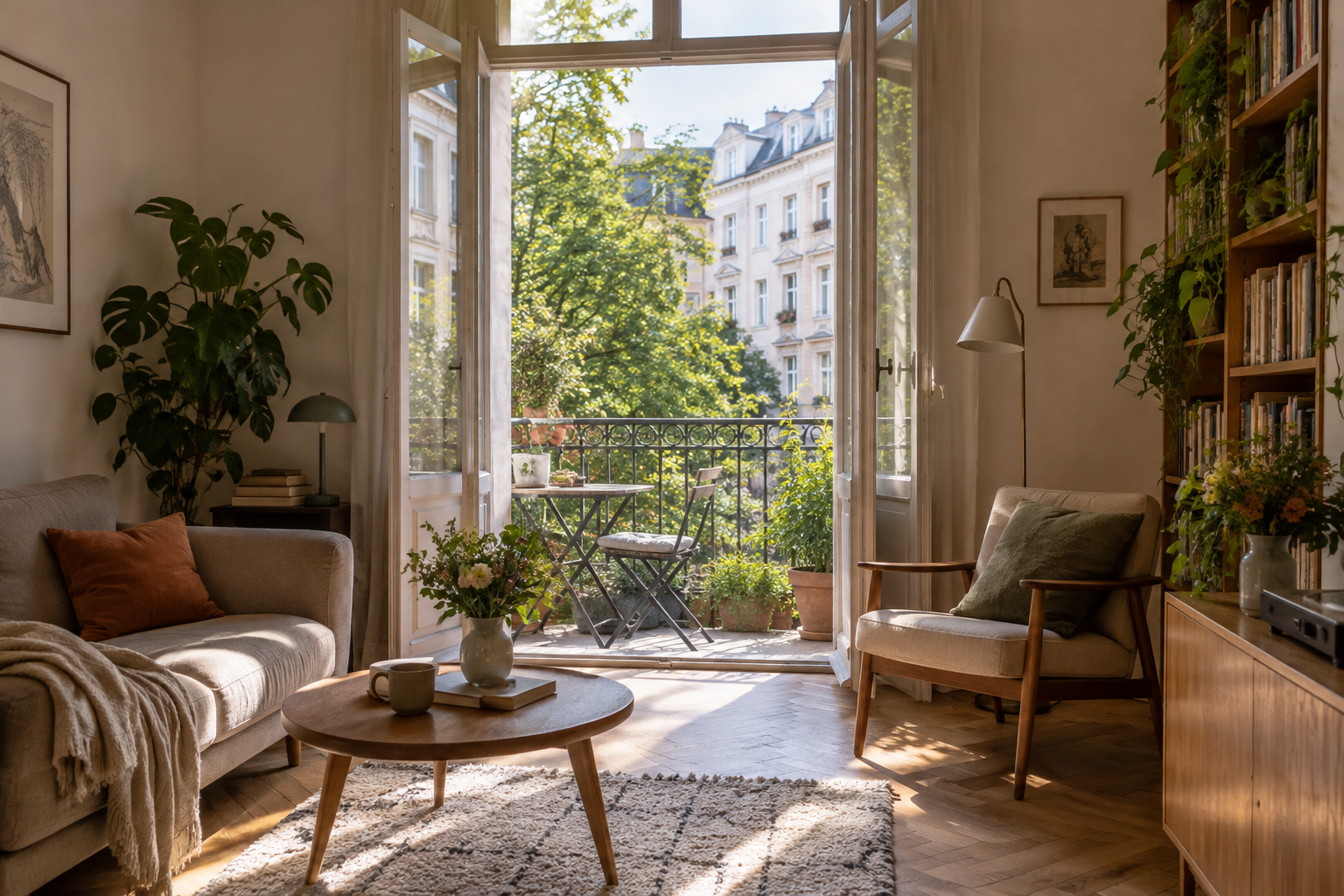 Heller Wohnraum mit Balkon in einem Wiener Grätzl